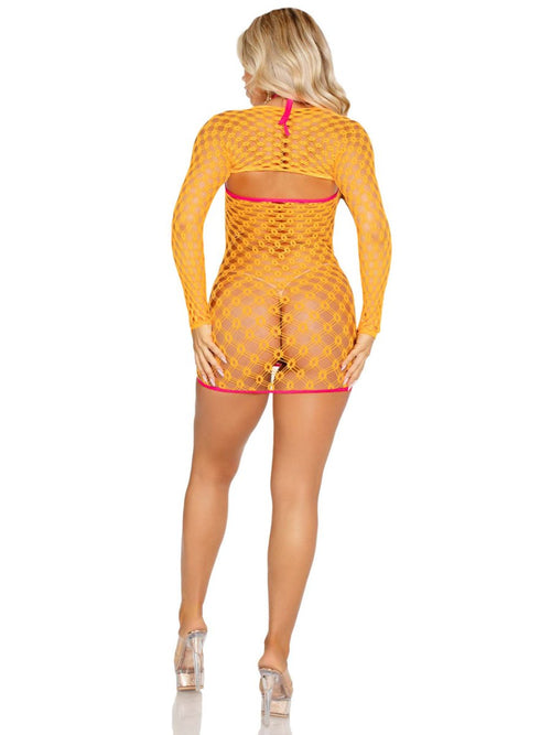 2 Pc Eyelet Net Mini Dress With Tie - Front Keyhole and Shrug O/s - Neon Orange - TruLuv Novelties