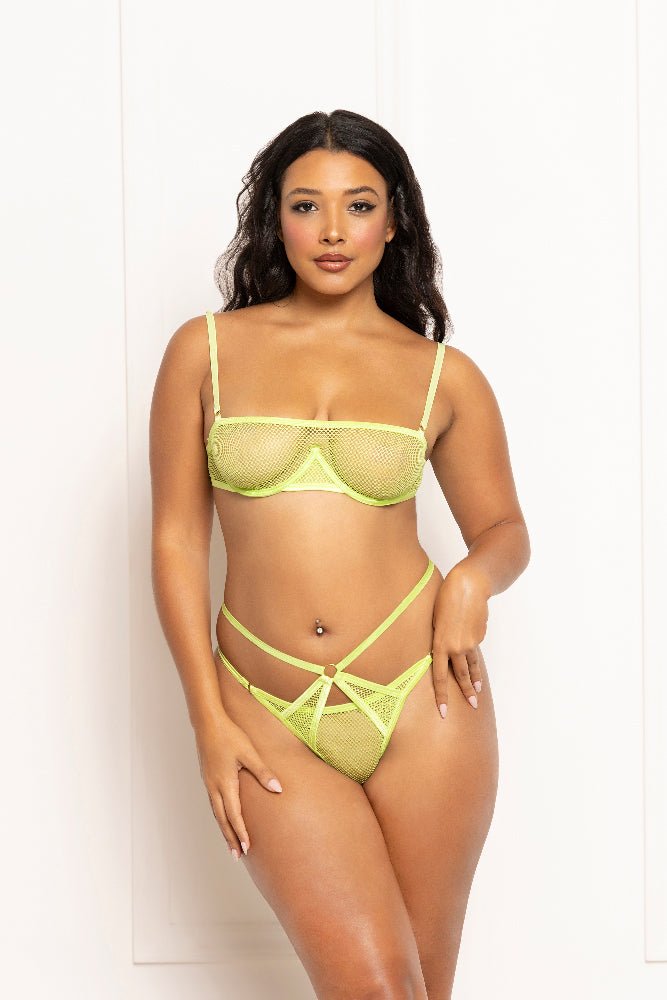 2 Pc Fishnet and Strappy Elastic Bra and Thong Set - One Size - Lime - TruLuv Novelties