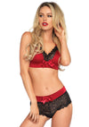 2 Pc. Lace Trimmed Spandex Bralette & Brazilian Back Boy Shorts - Red/ Black - TruLuv Novelties