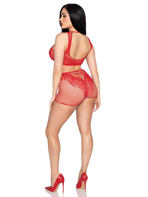 2 Pc Net and Lace Crop Top and Matching Boy Shorts - Os - Red - TruLuv Novelties