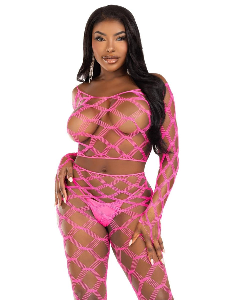 2 Pc Net Crop Top and Footless Tights - One Size - Neon Pink - TruLuv Novelties