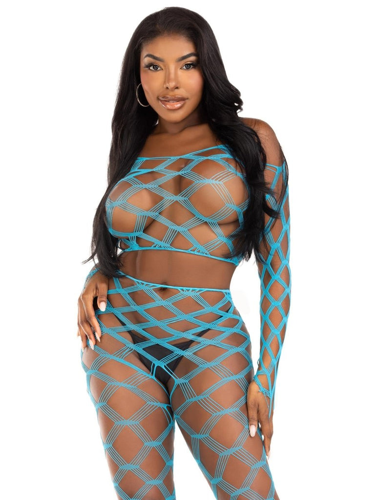 2 Pc Net Crop Top and Footless Tights - One Size - Turquoise - TruLuv Novelties