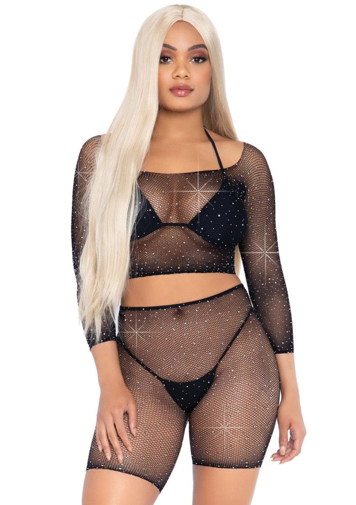 2 Pc Rhinestone Fishnet Crop Top and Biker Shorts - One Size - TruLuv Novelties