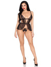 2 Pc Scalloped Lace and Mesh Babydoll and Matching Crotchless Panty - Small - Black - TruLuv Novelties
