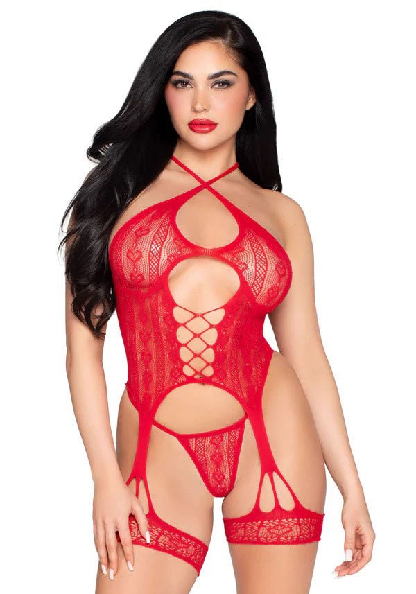 2pc Heart Net Halter Cami and G - String Panty - Os - Red - TruLuv Novelties