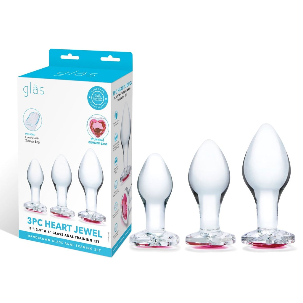 3 Pc Heart Jewel Glass Anal Training Kit - Clear/pink - TruLuv Novelties