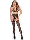 3 Pc Lace Open Cup Bra Top, Crotchless Panty, and Garter Belt Stockings - Os - Black - TruLuv Novelties