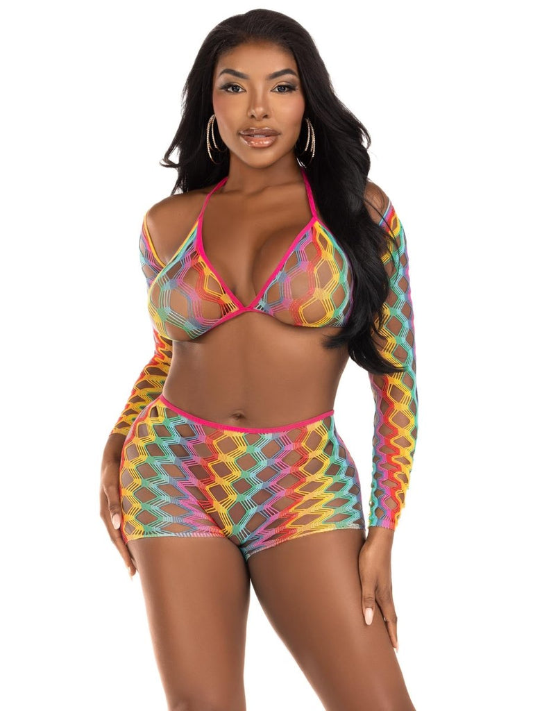3 Pc Net Bra Top With Shrug and Boy Shorts - One Size - Multicolor - TruLuv Novelties