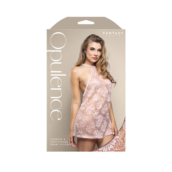 Fantasy Lingerie Opulence Pearl Draped Open-Back Halter Chemise & Crotchless Pearl G-String Light Pink L/XL