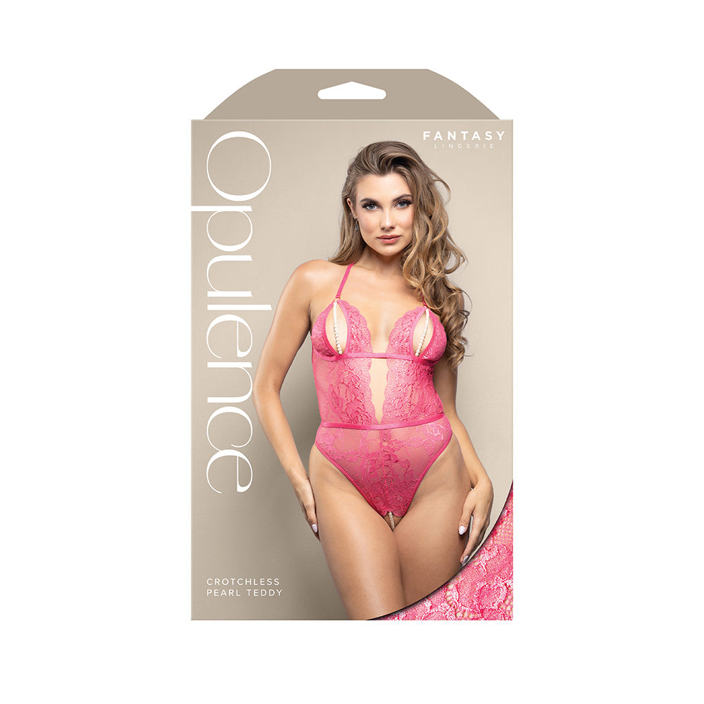 Fantasy Lingerie Opulence Split Pearl Cup Crotchless Teddy with Adjustable Pearl G-String Hot Pink L/XL