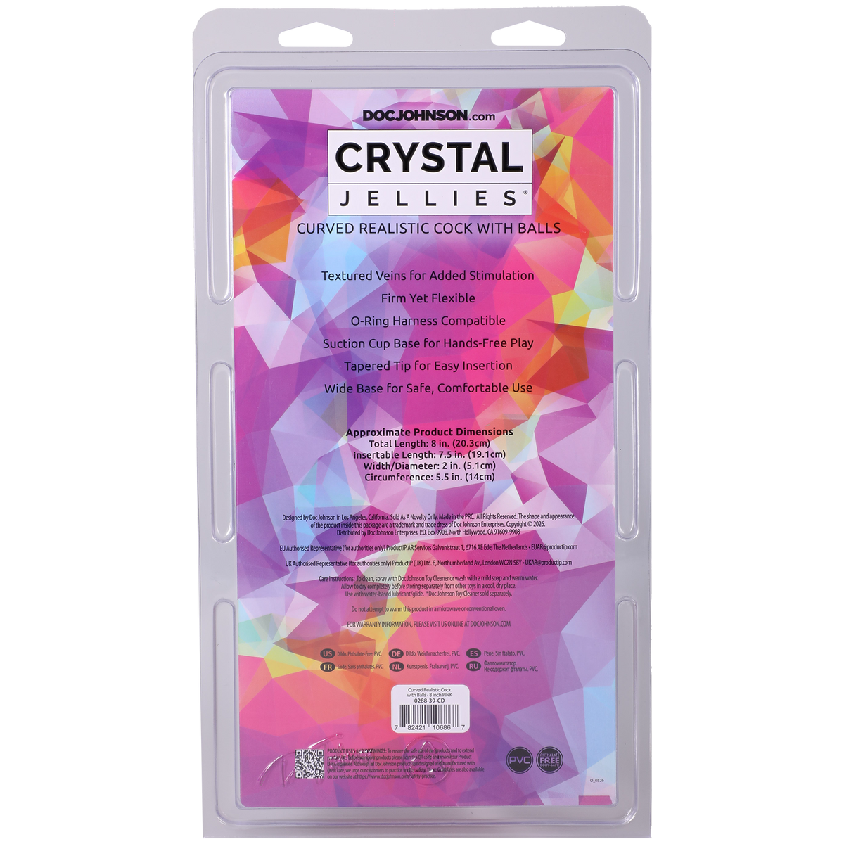 Crystal Jellies - Curved Realistic Cock With Balls - 8 Inch Pink
