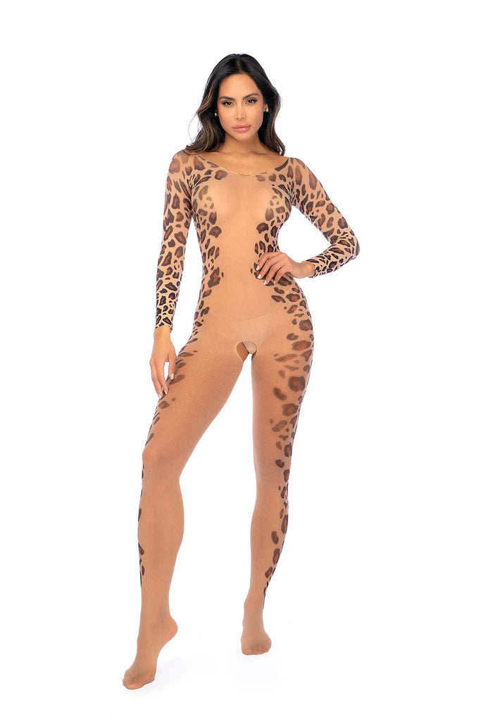 Long Print Sleeve Leopard Mesh Bodystocking - Os - Leopard Print