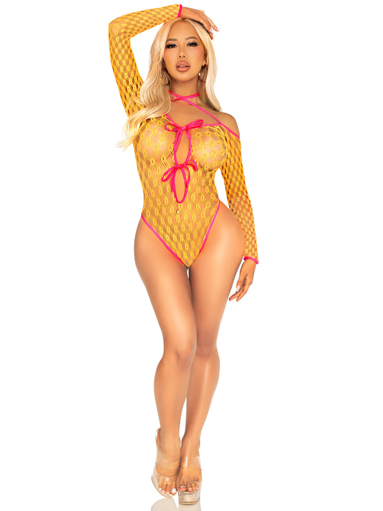 Eyelet Net Teddy With Tie-Front Keyhole Detail O/s - Neon Orange