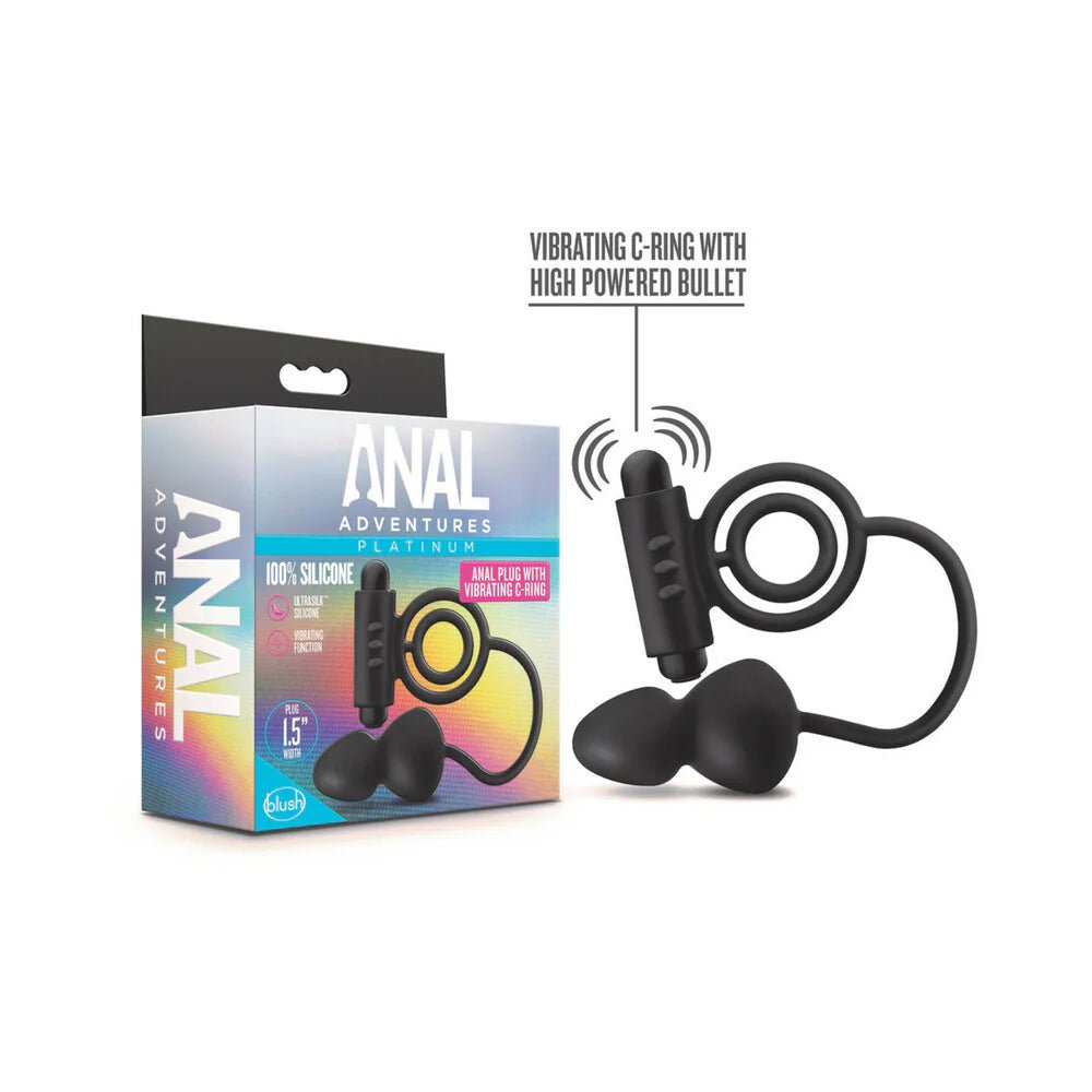 Anal Adventures Platinum Silicone Anal Plug with Vibrating C - Ring Black - TruLuv Novelties
