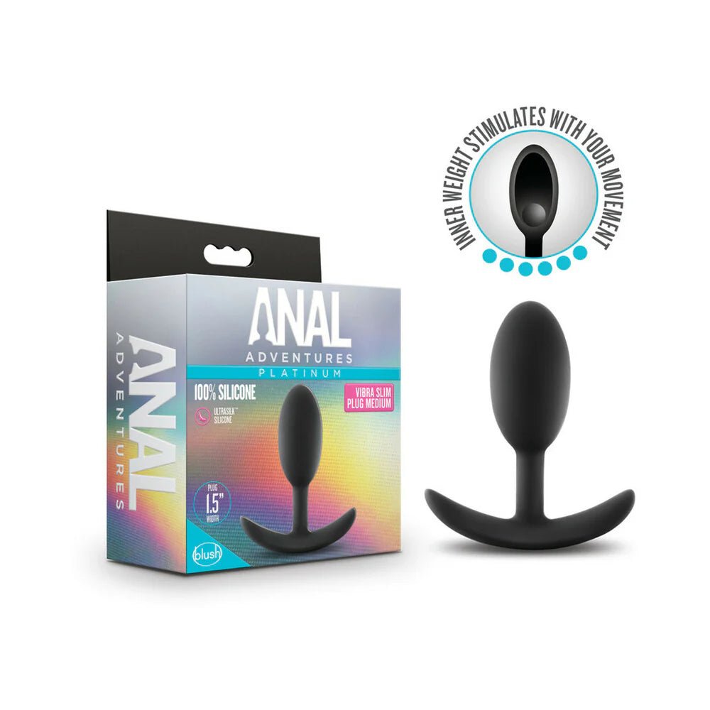 Anal Adventures Platinum Silicone Weighted Vibra Slim Plug Medium Black - TruLuv Novelties