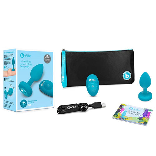 b - Vibe Vibrating Jewel Rechargeable Remote - Controlled Anal Plug with Gem Base Aquamarine Small/Medium - TruLuv Novelties