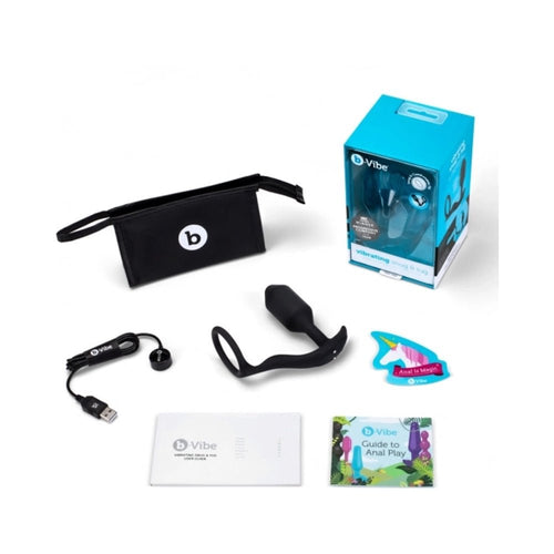 b - Vibe Vibrating Snug & Tug Rechargeable Weighted Silicone Anal Plug with Cockring Medium Black - TruLuv Novelties