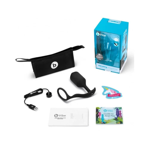 b - Vibe Vibrating Snug & Tug Rechargeable Weighted Silicone Anal Plug with Cockring XL Black - TruLuv Novelties