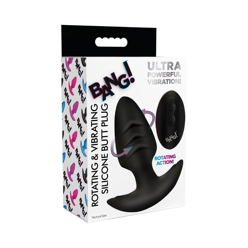 BANG! Rotating & Vibrating Silicone Butt Plug with Remote Black - TruLuv Novelties
