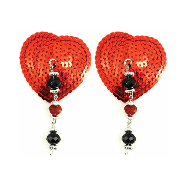 Bijoux de Nip Red Sequin Heart Pasties with Faceted Beads - TruLuv Novelties