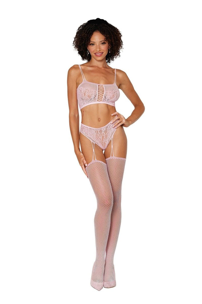 Bralette and Garter Hose - One Size - Pink - TruLuv Novelties