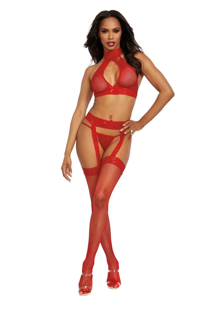 Bralette, Garterhose, and G-String - Size - Rouge - TruLuv Novelties