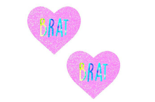 Brat Holographic Uv Light Pink I Heart U Glitter Nipple Cover Pasties - TruLuv Novelties