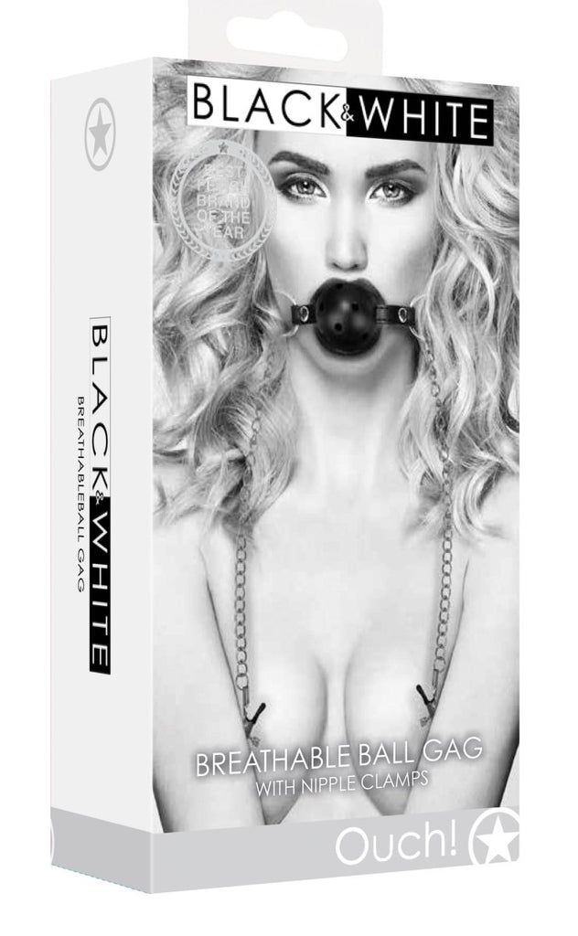 Breathable Ball Gag With Nipple Clamps - Black - TruLuv Novelties