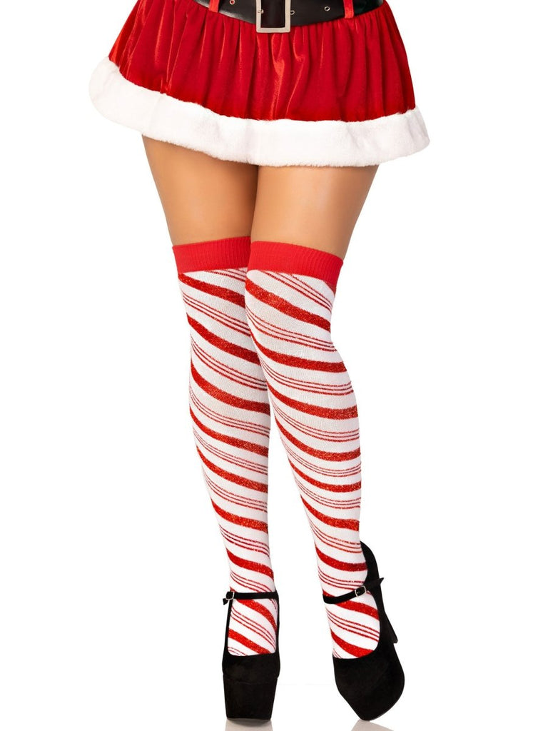 Candy Cane Lurex Striped Socks - Over the Knee - Os - White/red - TruLuv Novelties