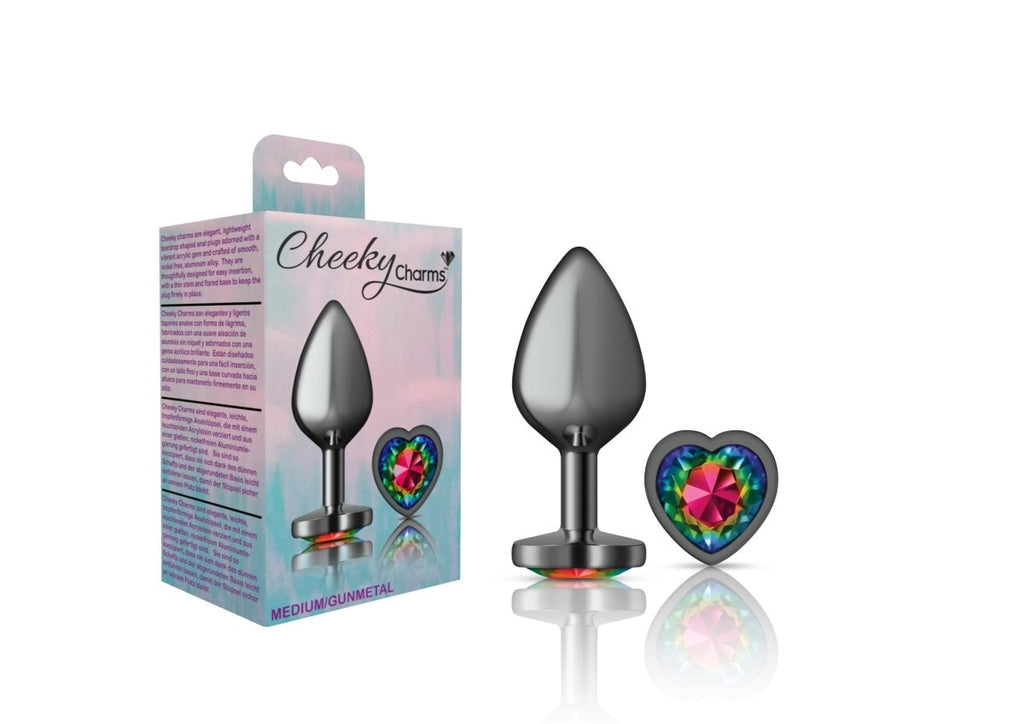 Cheeky Charms-Gunmetal Metal Buttplug- Heart-Rainbow-Medium - TruLuv Novelties