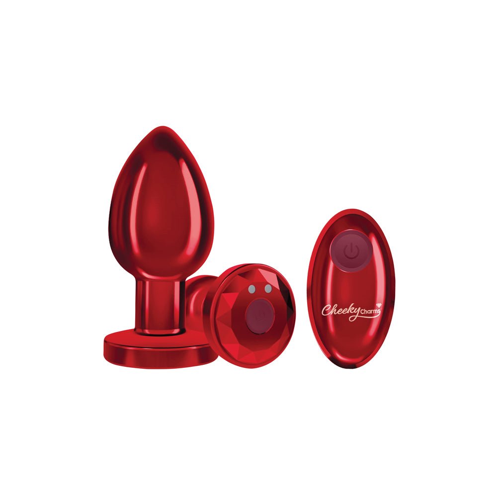 Cheeky Charms - Rechargeable Vibrating Metal Butt Plug With Remote Control - Red - Large - TruLuv Novelties