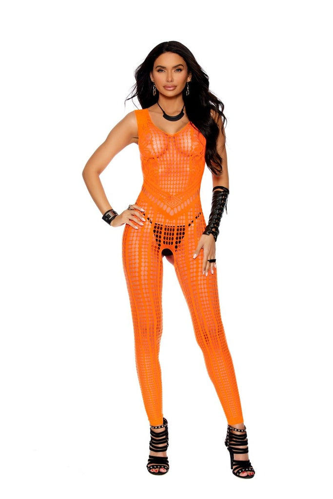 Crochet Footless Bodystocking With Open Crotch - One Size - Orange - TruLuv Novelties