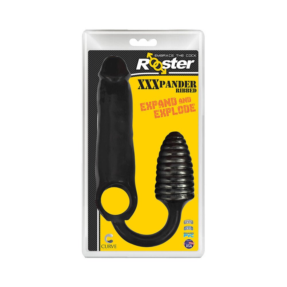 Curve Toys Rooster XXXPANDER Ribbed Penis Extender Sheath with Cockring & Anal Plug Black - TruLuv Novelties