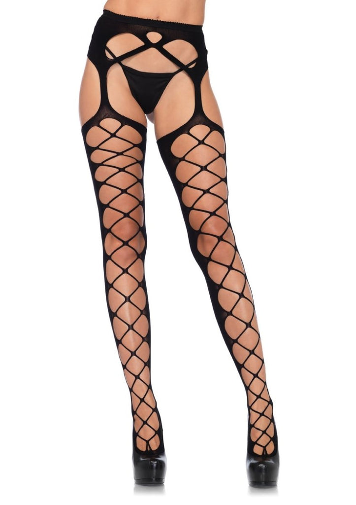 Diamond Net Opaque Stockings With Attached Garter - Black - One Size - TruLuv Novelties