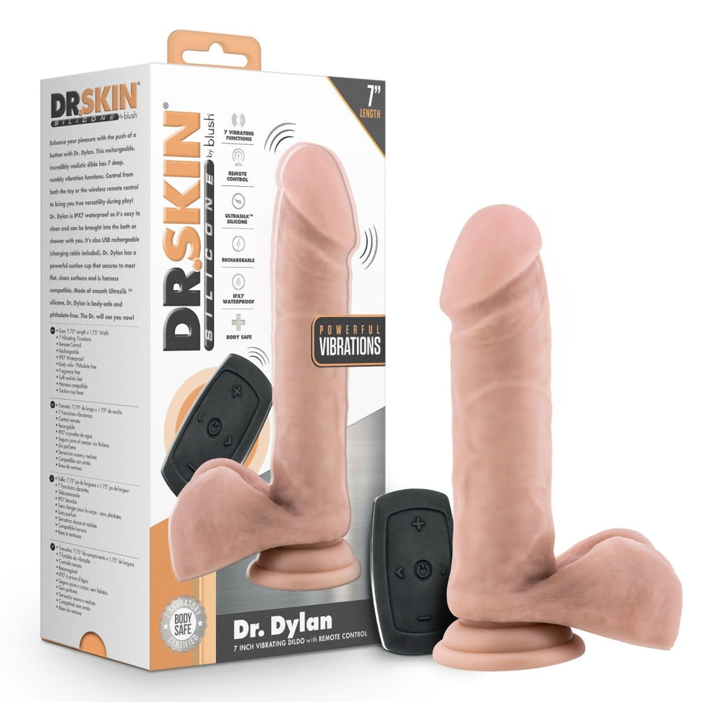 Dr. Skin Silicone - Dr. Dylan - 7 Inch Vibrating Dildo With Remote Control- Vanilla - TruLuv Novelties
