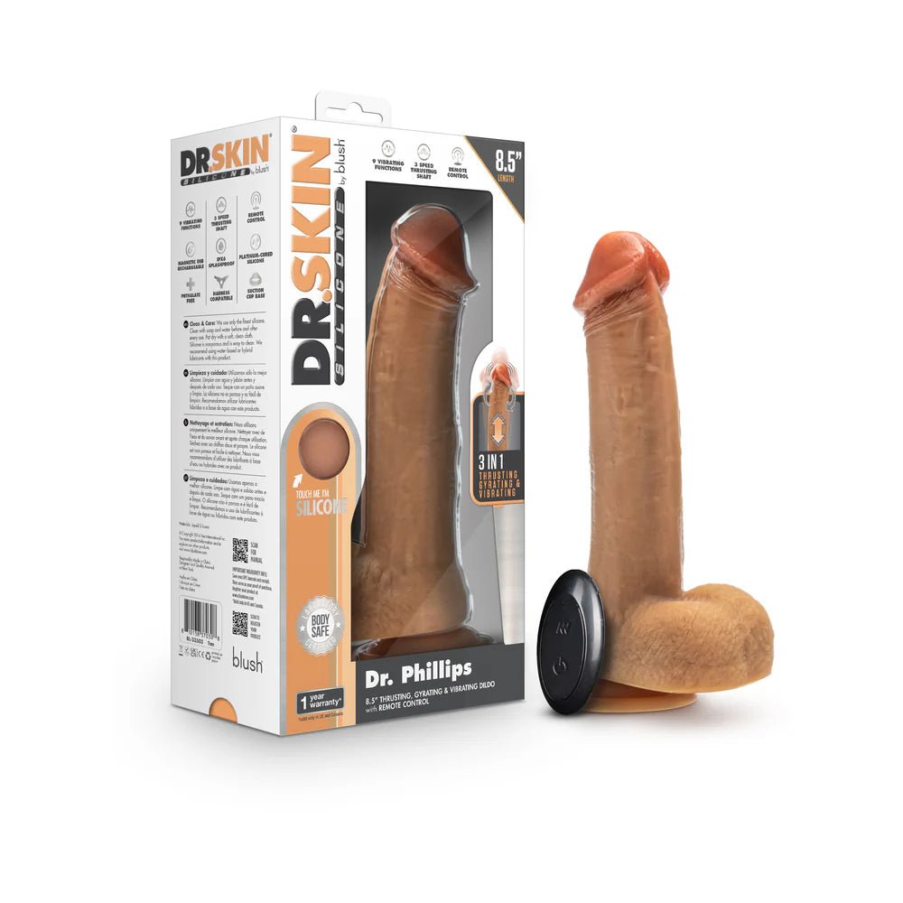 Dr. Skin Silicone Dr. Phillips 8.5 in. Thrusting, Gyrating & Vibrating Dildo with Remote Control Tan - TruLuv Novelties
