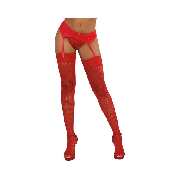 Dreamgirl Fishnet Thigh - High Stockings With Lace Top Red OS - TruLuv Novelties