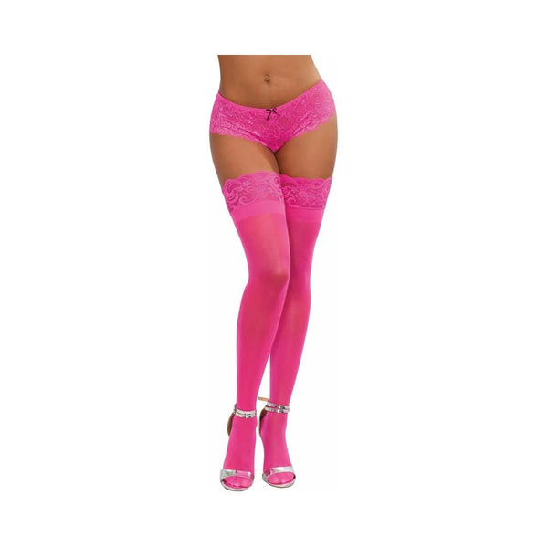 Dreamgirl Neon Pink Sheer Thigh - High Stockings With Silicone Lace Top Pink OS - TruLuv Novelties