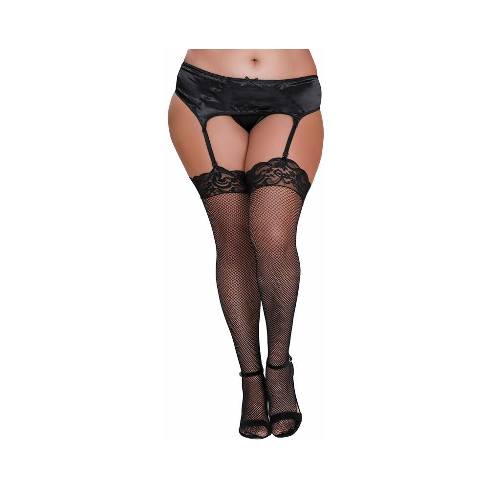 Dreamgirl Plus - Size Fishnet Thigh - High Stockings With Lace Top Black Queen - TruLuv Novelties