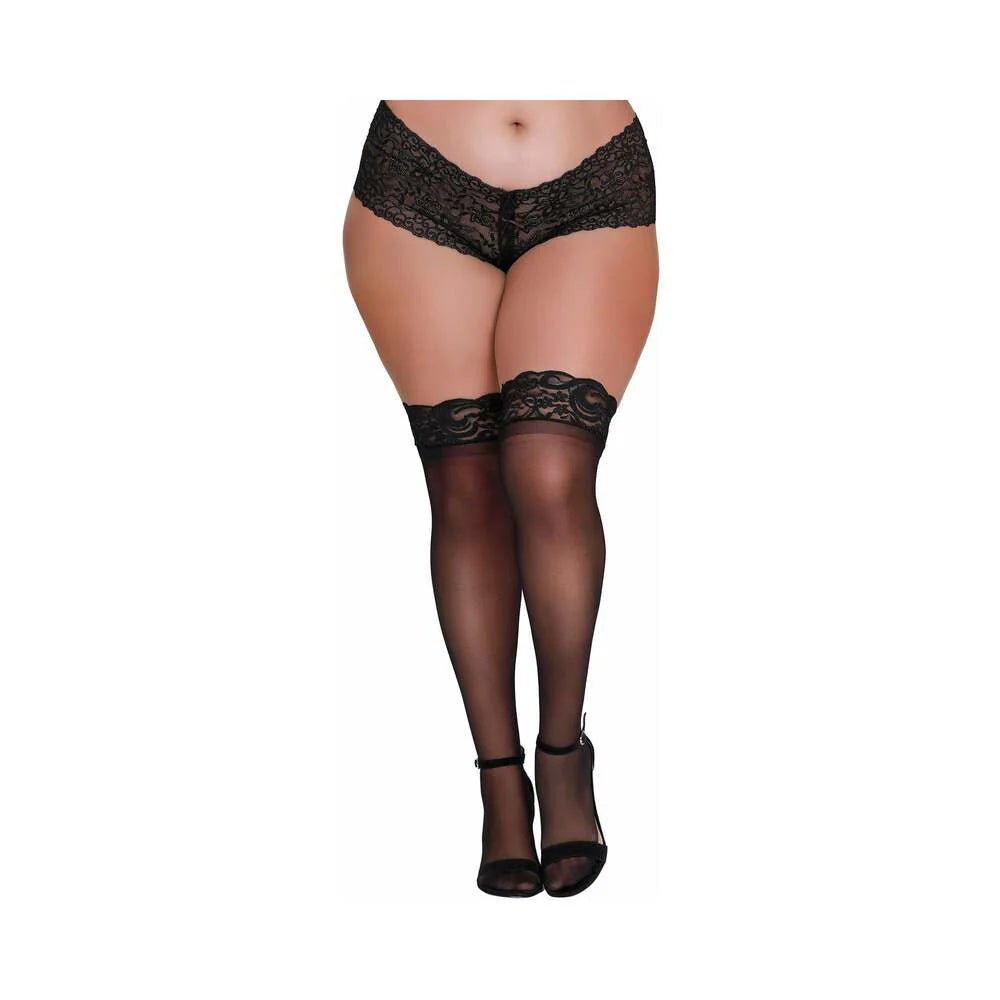 Dreamgirl Plus - Size Sheer Thigh - High Stockings With Silicone Lace Top Black Queen - TruLuv Novelties