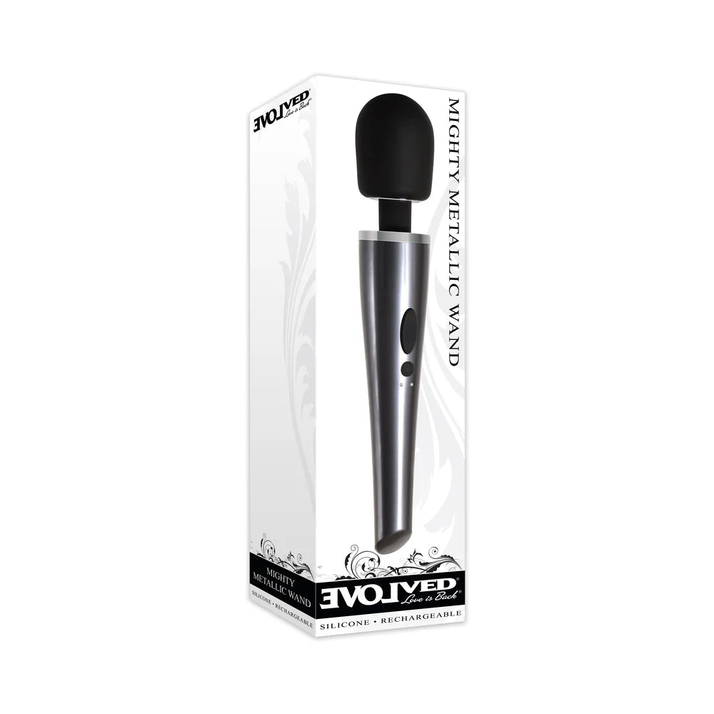 Evolved Mighty Metallic Wand Rechargeable Silicone Wand Vibrator Chrome/Black - TruLuv Novelties