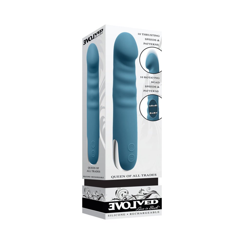 Evolved Queen Of All Trades Rechargeable Silicone Thrusting and Rotating Vibrator Teal - TruLuv Novelties