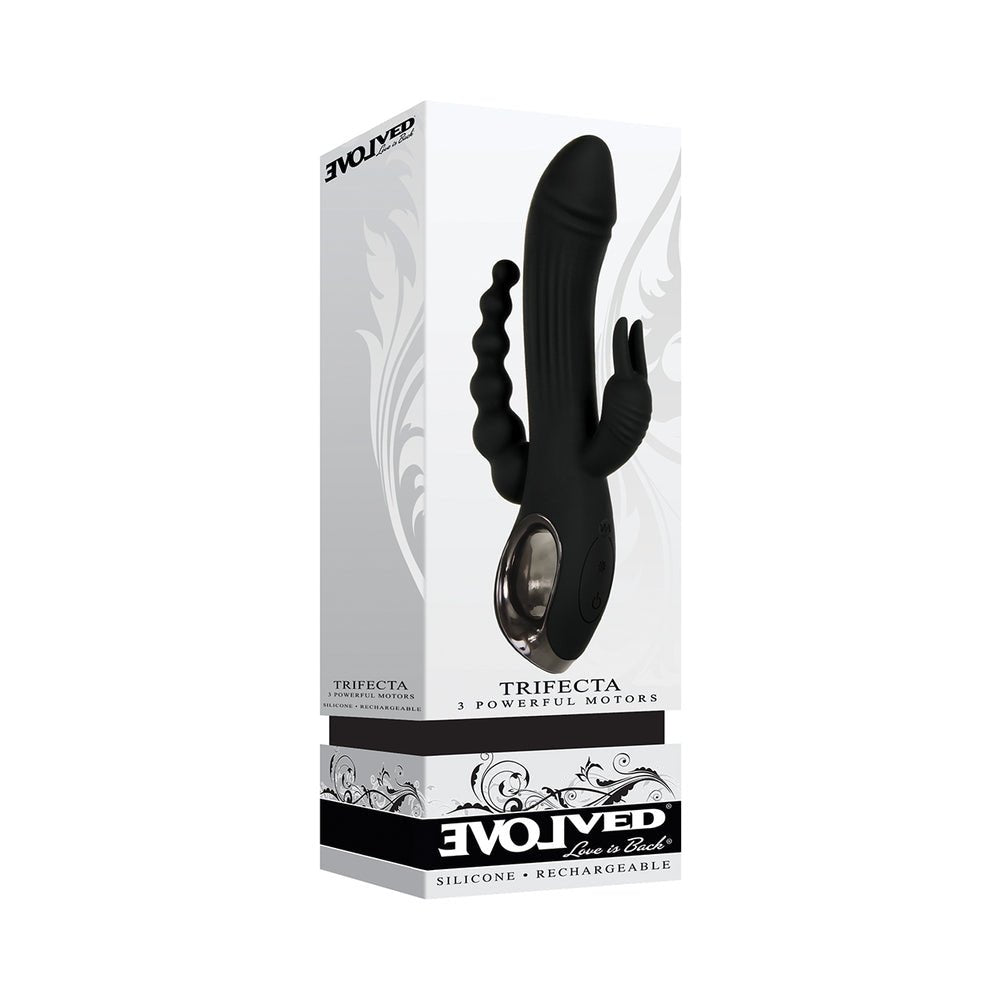 Evolved Trifecta Rechargeable Dual Entry Triple Stimulation Silicone Rabbit Vibrator Black - TruLuv Novelties