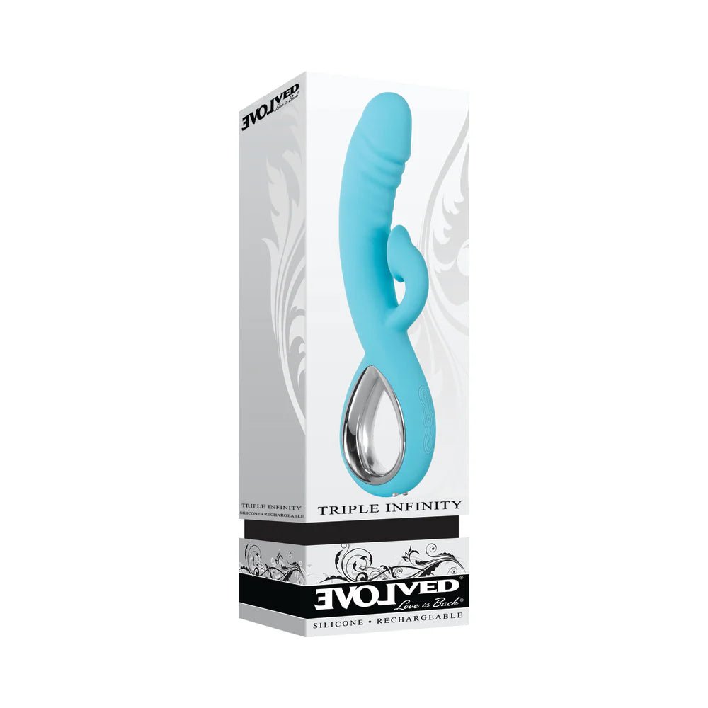 Evolved Triple Infinity Rechargeable Heating Suction Silicone Dual Stimulator Blue - TruLuv Novelties
