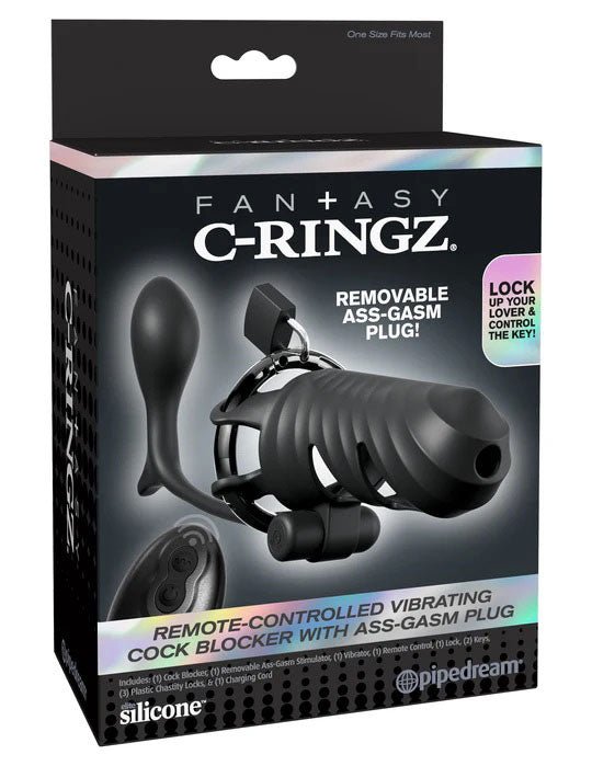 Fantasy C - Ringz Remote - Controlled Vibrating Cock Blocker With Ass - Gasm Plug - Black - TruLuv Novelties