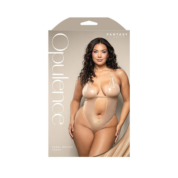 Fantasy Lingerie Opulence Foil Mesh Cut-Out Halter Teddy with Stimulating Pearl & Pearl String Queen Size - TruLuv Novelties
