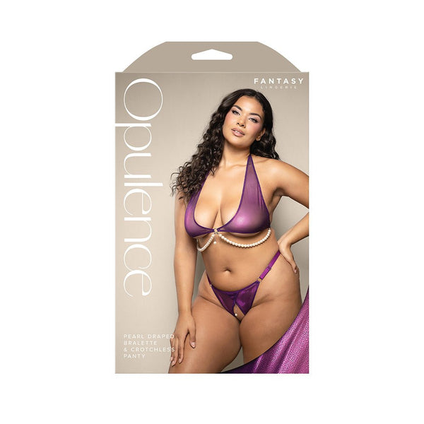 Fantasy Lingerie Opulence Foiled Mesh Halter Bralette with Pearl Underbust & Crotchless Panty Queen Size - TruLuv Novelties