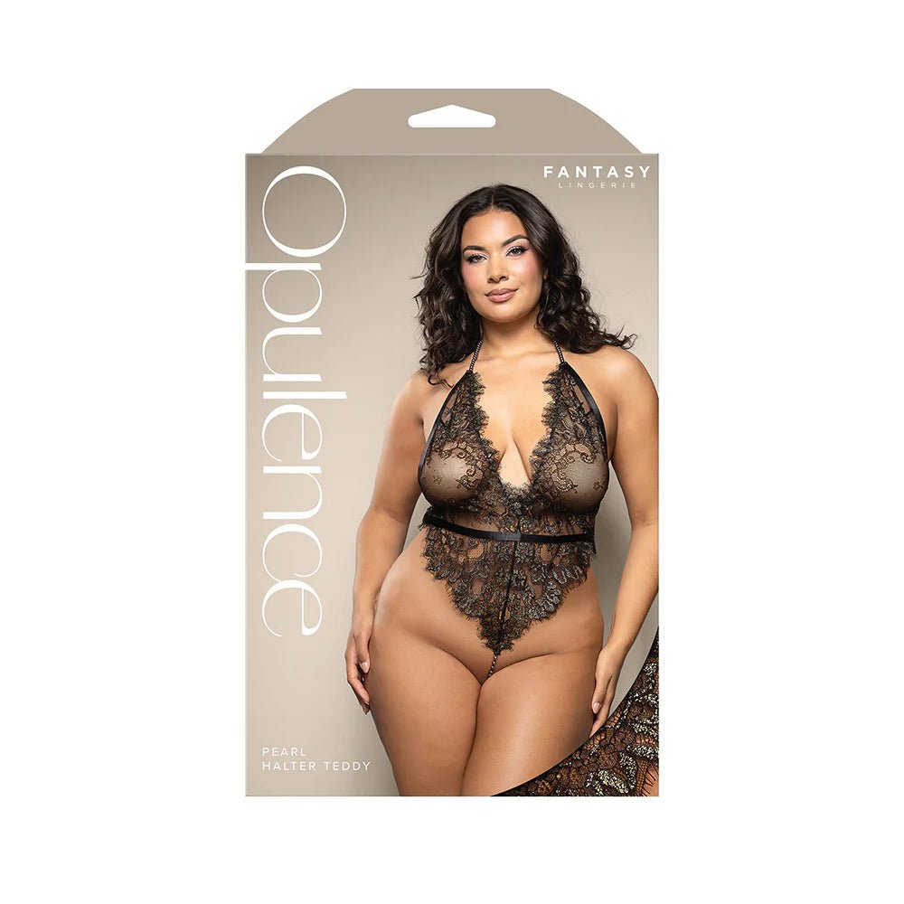 Fantasy Lingerie Opulence Shimmer Lace Pearl Halter Teddy with Open Back & Pearl String Crotch Queen Size - TruLuv Novelties