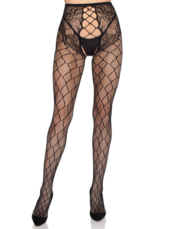 Faux Layer Net Tights With Crotchless Floral Panty - Os - Black - TruLuv Novelties