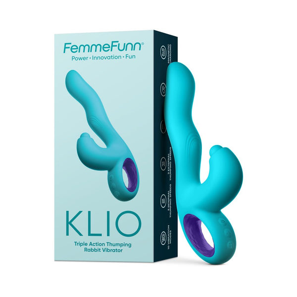 FemmeFunn Klio Rechargeable Silicone Triple Action Thumping Rabbit Vibrator Turquoise - TruLuv Novelties